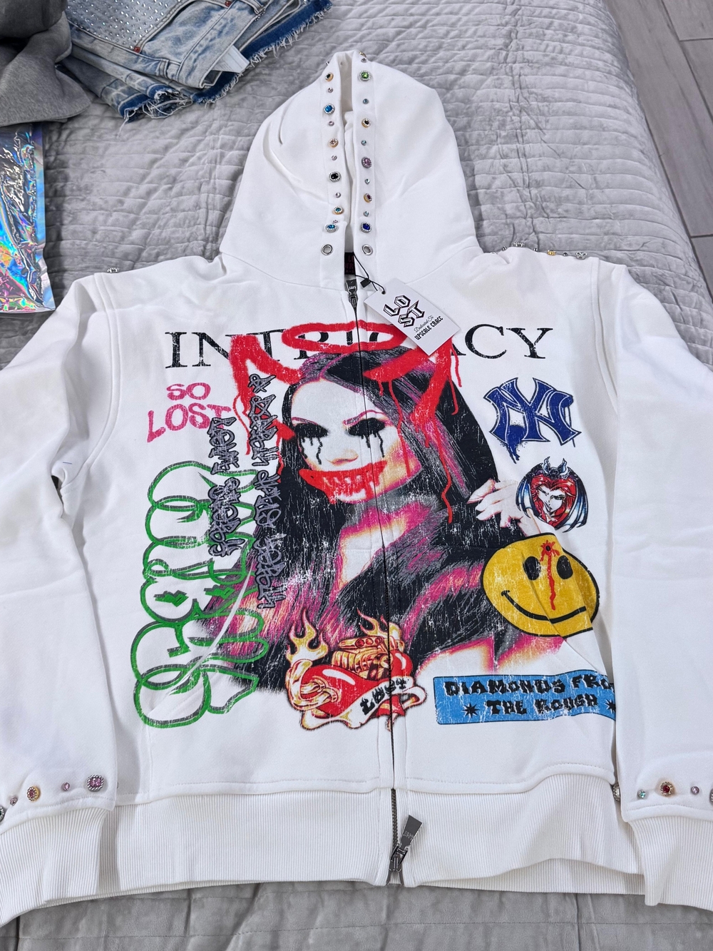 Lost Intricacy White Graphic Zip Hoodie with Multicolor Stud Details